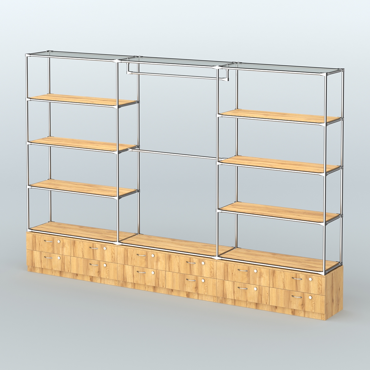 Торговая система ХРОМ без ДСП 3600 мм с тумбами Т14, полками ДСП и поручнями №1 Дуб Золотистый