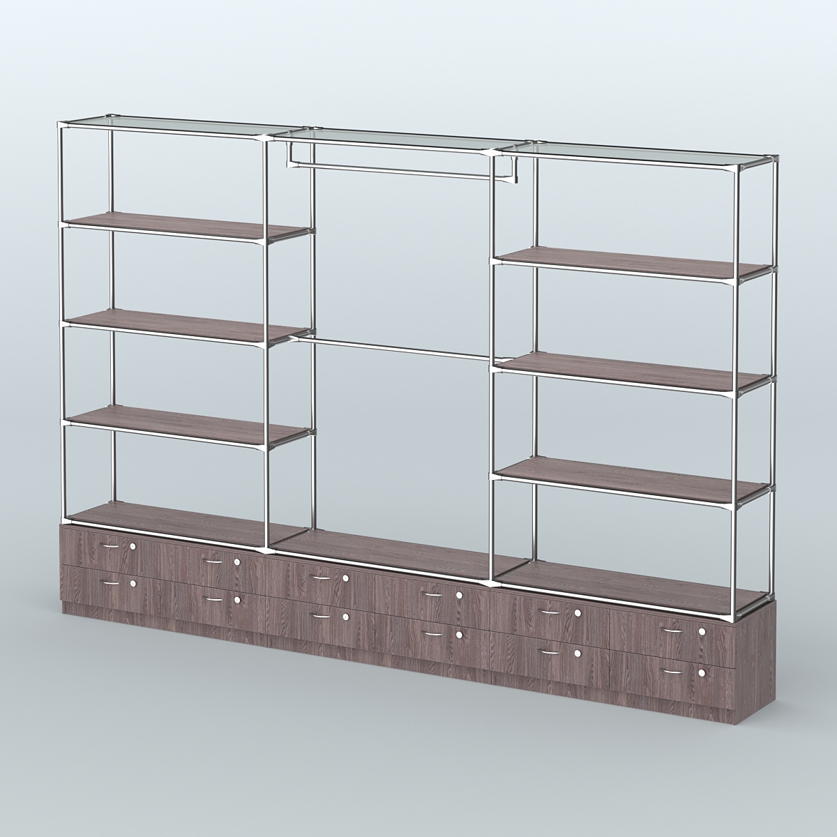 Торговая система ХРОМ без ДСП 3600 мм с тумбами Т14, полками ДСП и поручнями №1 Ясень Анкор темный