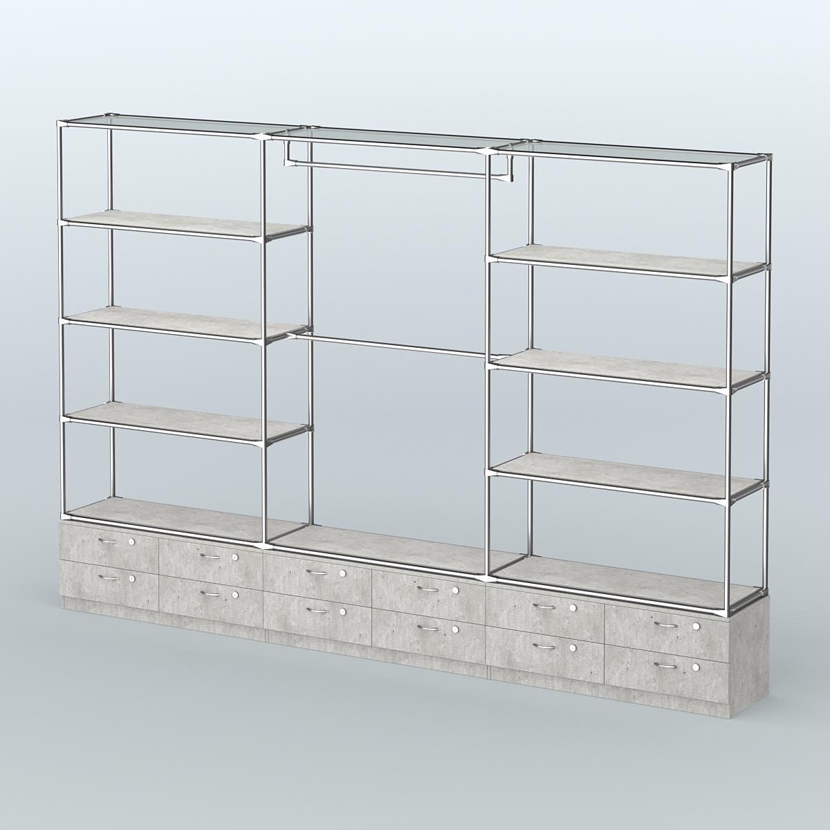 Торговая система ХРОМ без ДСП 3600 мм с тумбами Т14, полками ДСП и поручнями №1 Метрополитан Грей