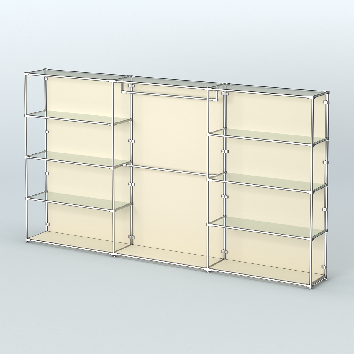 Торговая система ХРОМ (задняя стенка - ДСП) 3600 мм с прозрачными полками и поручнями №1 Крем Вайс