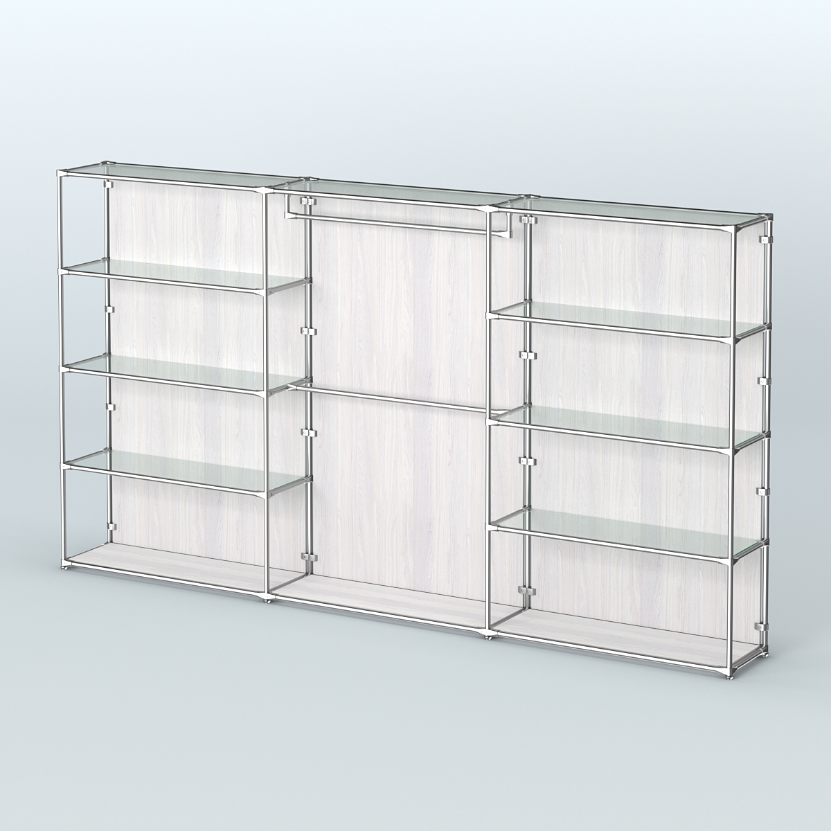 Торговая система ХРОМ (задняя стенка - ДСП) 3600 мм с прозрачными полками и поручнями №1 Ясень Анкор светлый