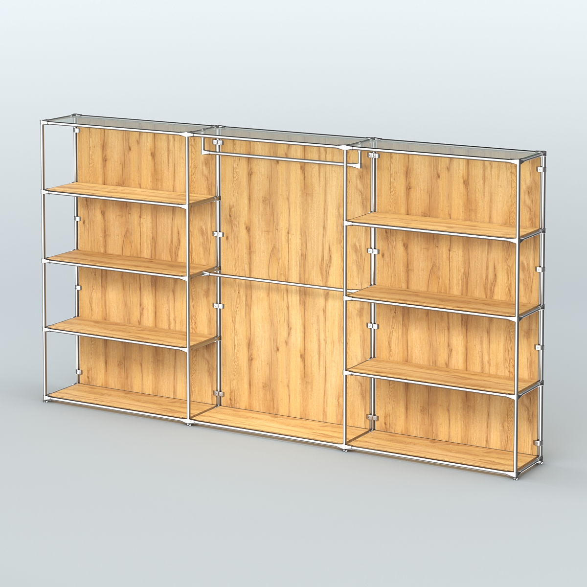 Торговая система ХРОМ (задняя стенка - ДСП) 3600 мм с полками ДСП и поручнями №1 Дуб Золотистый