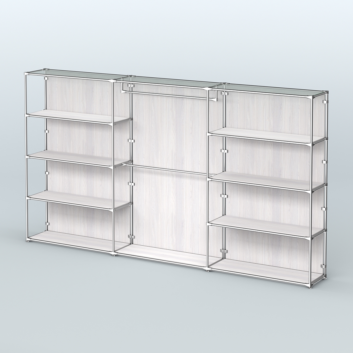 Торговая система ХРОМ (задняя стенка - ДСП) 3600 мм с полками ДСП и поручнями №1 Ясень Анкор светлый