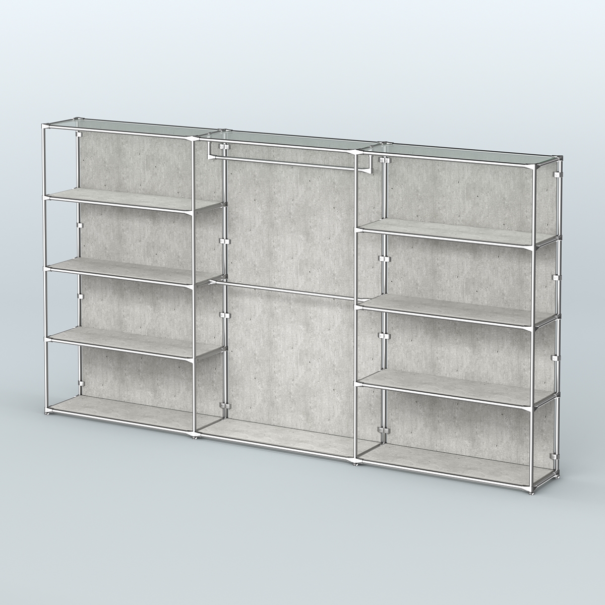 Торговая система ХРОМ (задняя стенка - ДСП) 3600 мм с полками ДСП и поручнями №1 Метрополитан Грей