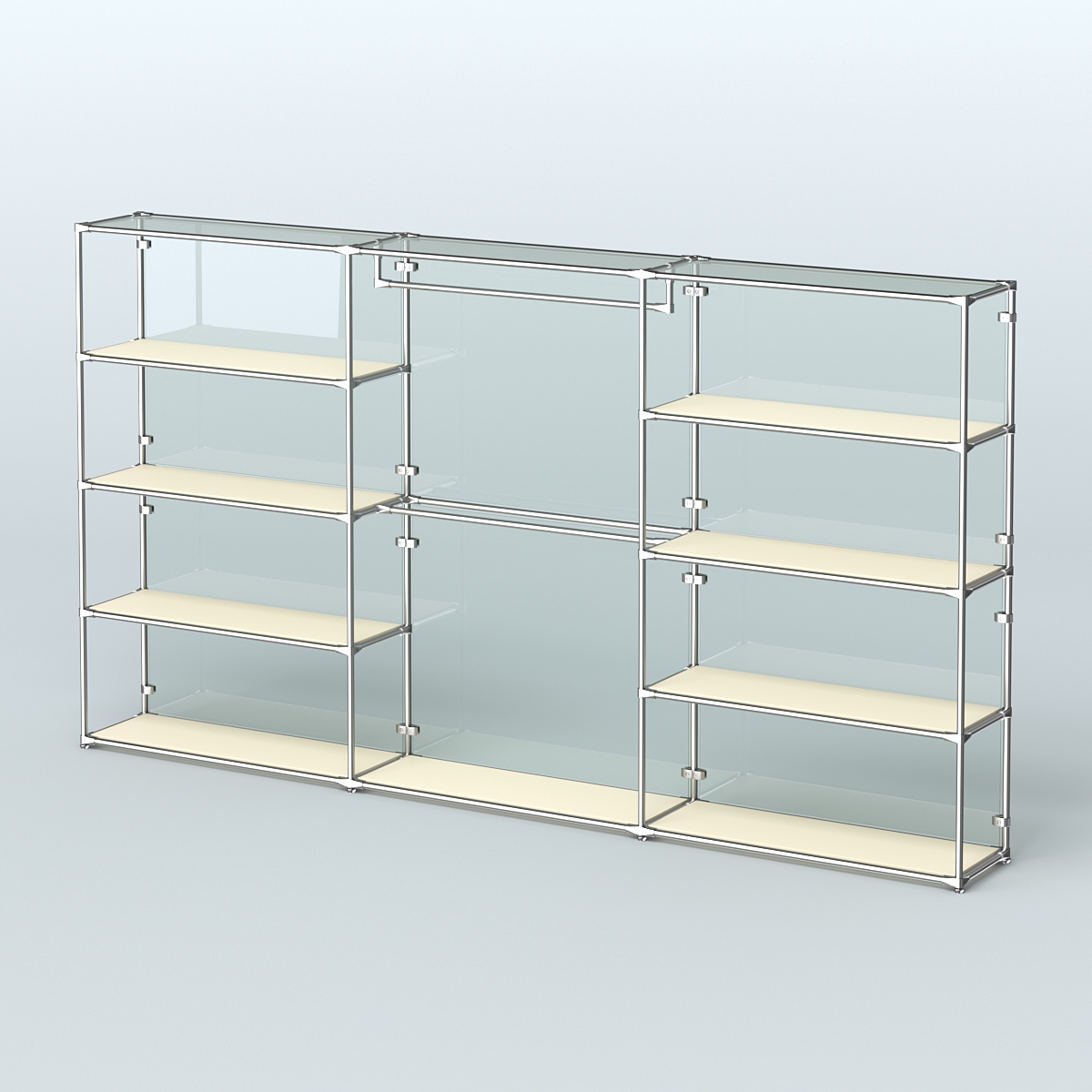 Торговая система ХРОМ (задняя стенка - стекло) 3600 мм с полками ДСП и поручнями №1 Крем Вайс