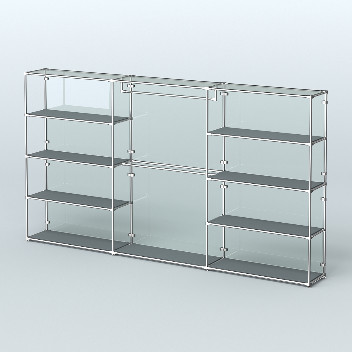 Торговая система ХРОМ (задняя стенка - стекло) 3600 мм с полками ДСП и поручнями №1 Темно-Серый