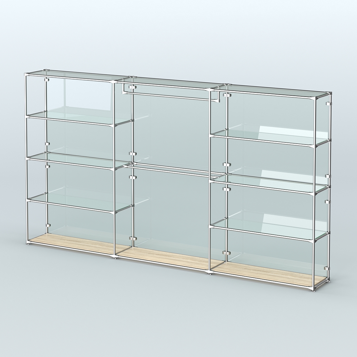 Торговая система ХРОМ (задняя стенка - стекло) 3600 мм с прозрачными полками и поручнями №1 Дуб Сонома