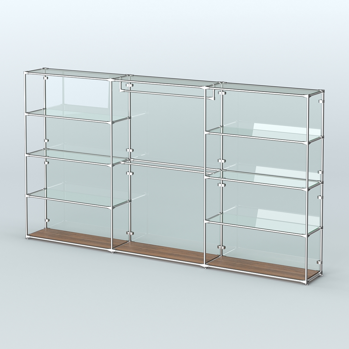 Торговая система ХРОМ (задняя стенка - стекло) 3600 мм с прозрачными полками и поручнями №1 Орех