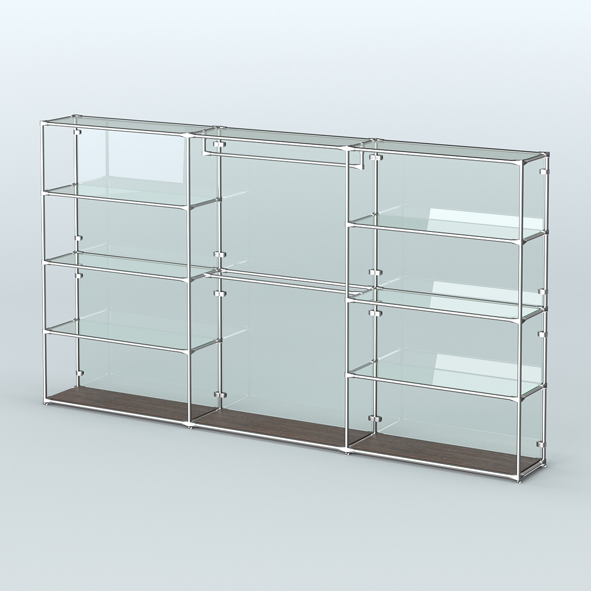 Торговая система ХРОМ (задняя стенка - стекло) 3600 мм с прозрачными полками и поручнями №1 Дуб Венге