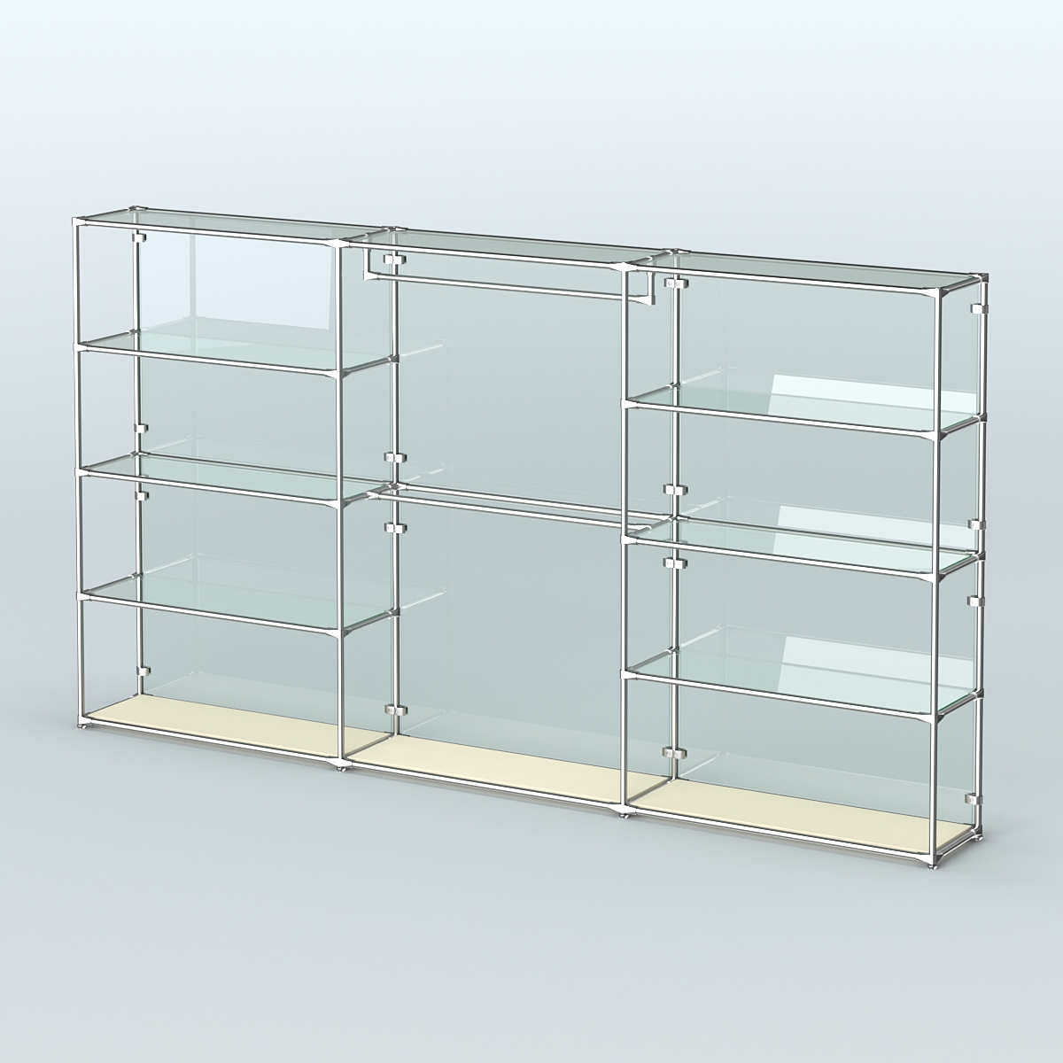Торговая система ХРОМ (задняя стенка - стекло) 3600 мм с прозрачными полками и поручнями №1 Крем Вайс