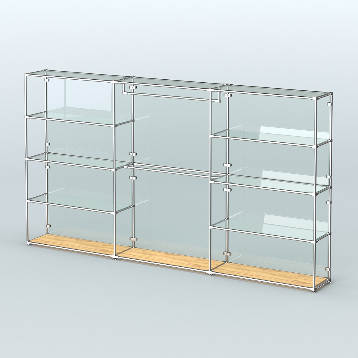 Торговая система ХРОМ (задняя стенка - стекло) 3600 мм с прозрачными полками и поручнями №1 Дуб Золотистый