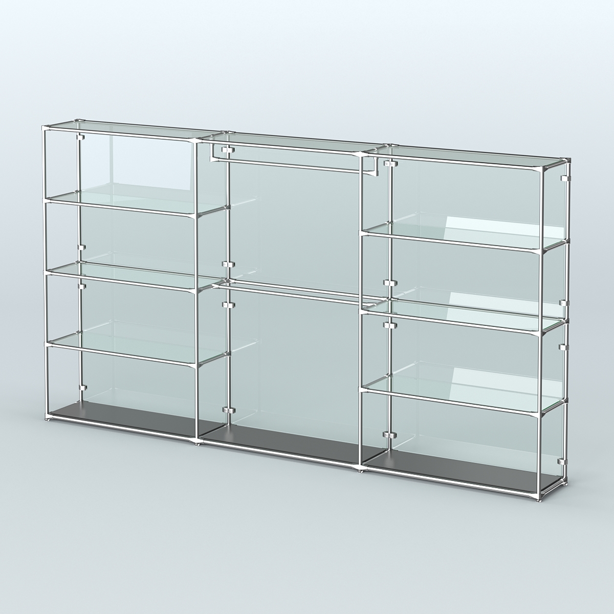 Торговая система ХРОМ (задняя стенка - стекло) 3600 мм с прозрачными полками и поручнями №1 Черный