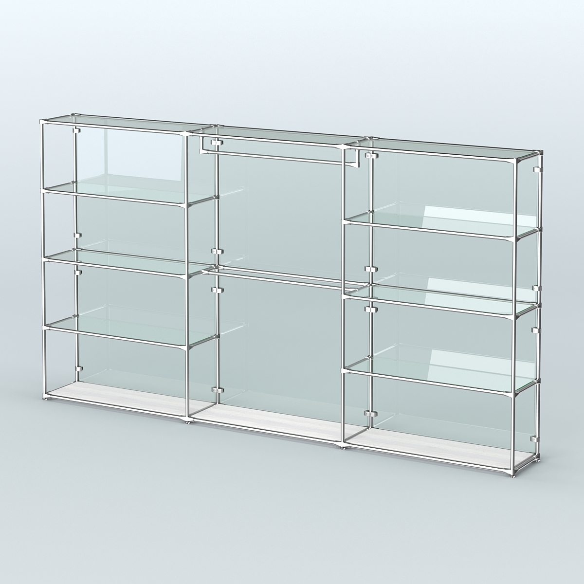 Торговая система ХРОМ (задняя стенка - стекло) 3600 мм с прозрачными полками и поручнями №1 Ясень Анкор светлый