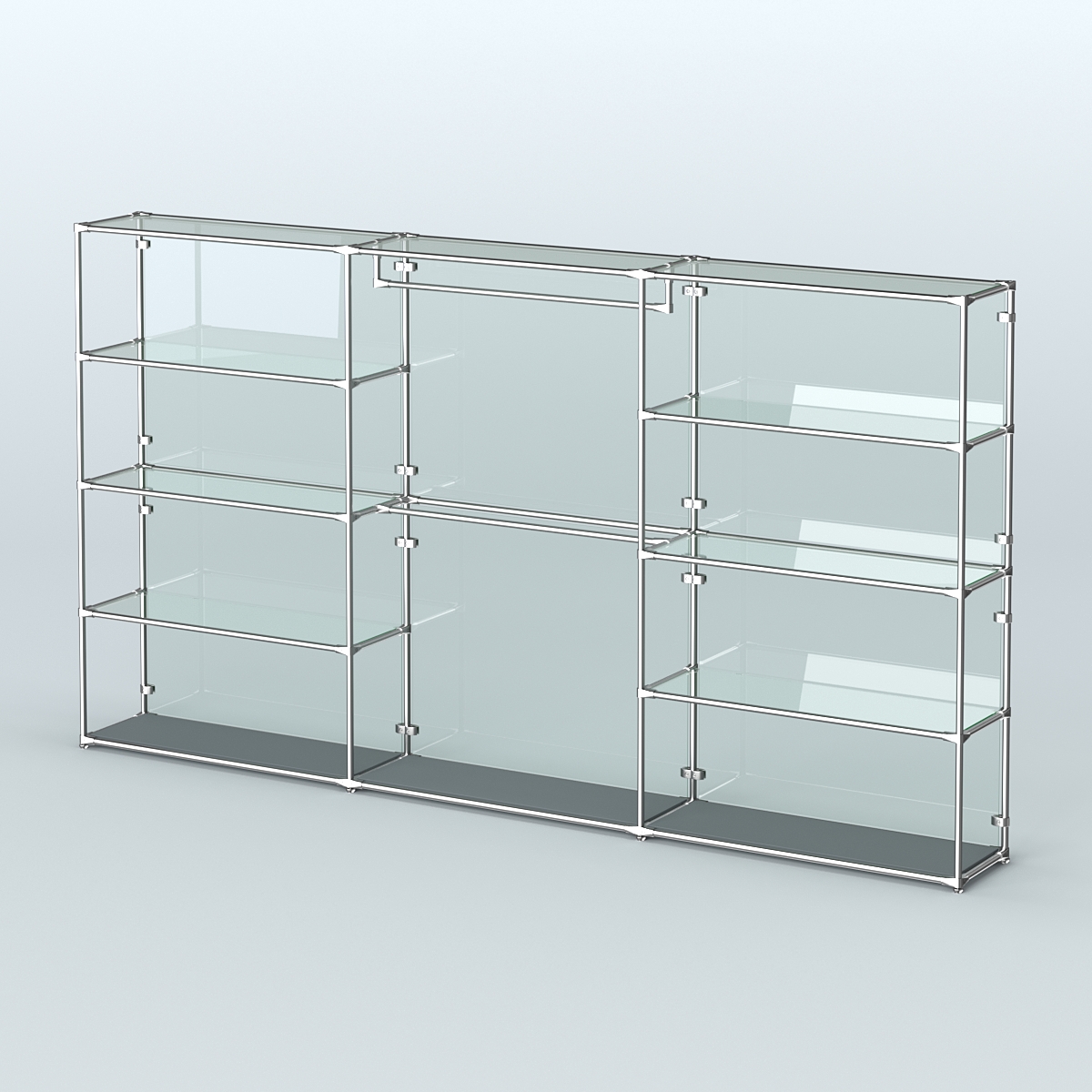 Торговая система ХРОМ (задняя стенка - стекло) 3600 мм с прозрачными полками и поручнями №1 Темно-Серый
