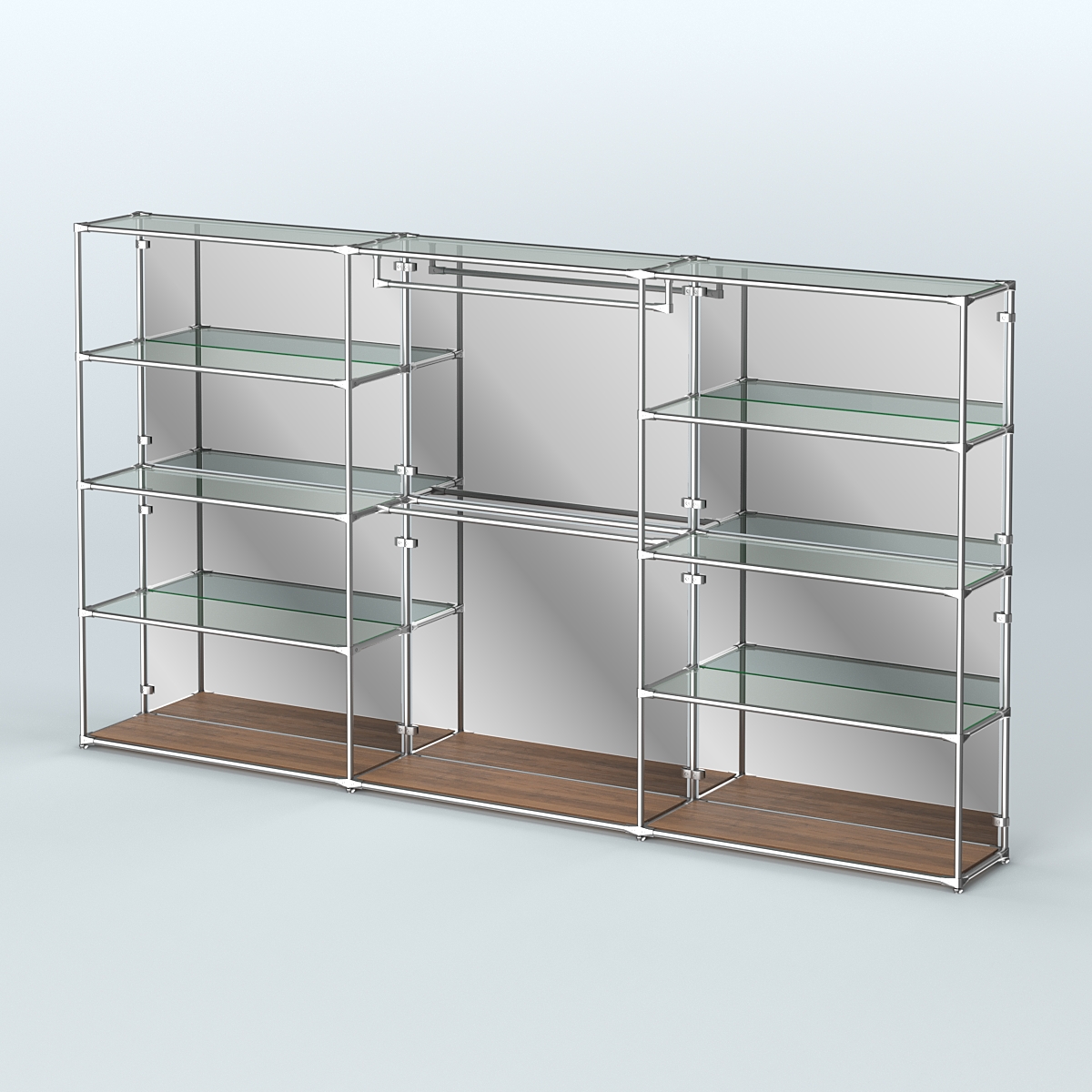 Торговая система ХРОМ (задняя стенка - зеркало) 3600 мм с прозрачными полками и поручнями №1 Орех