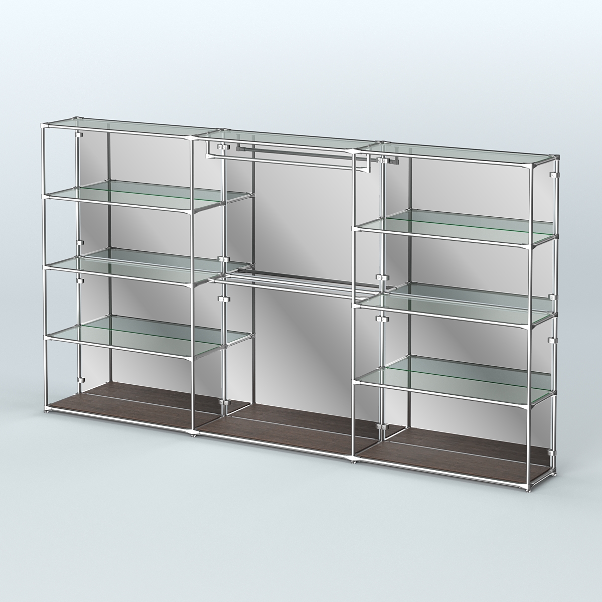 Торговая система ХРОМ (задняя стенка - зеркало) 3600 мм с прозрачными полками и поручнями №1 Дуб Венге