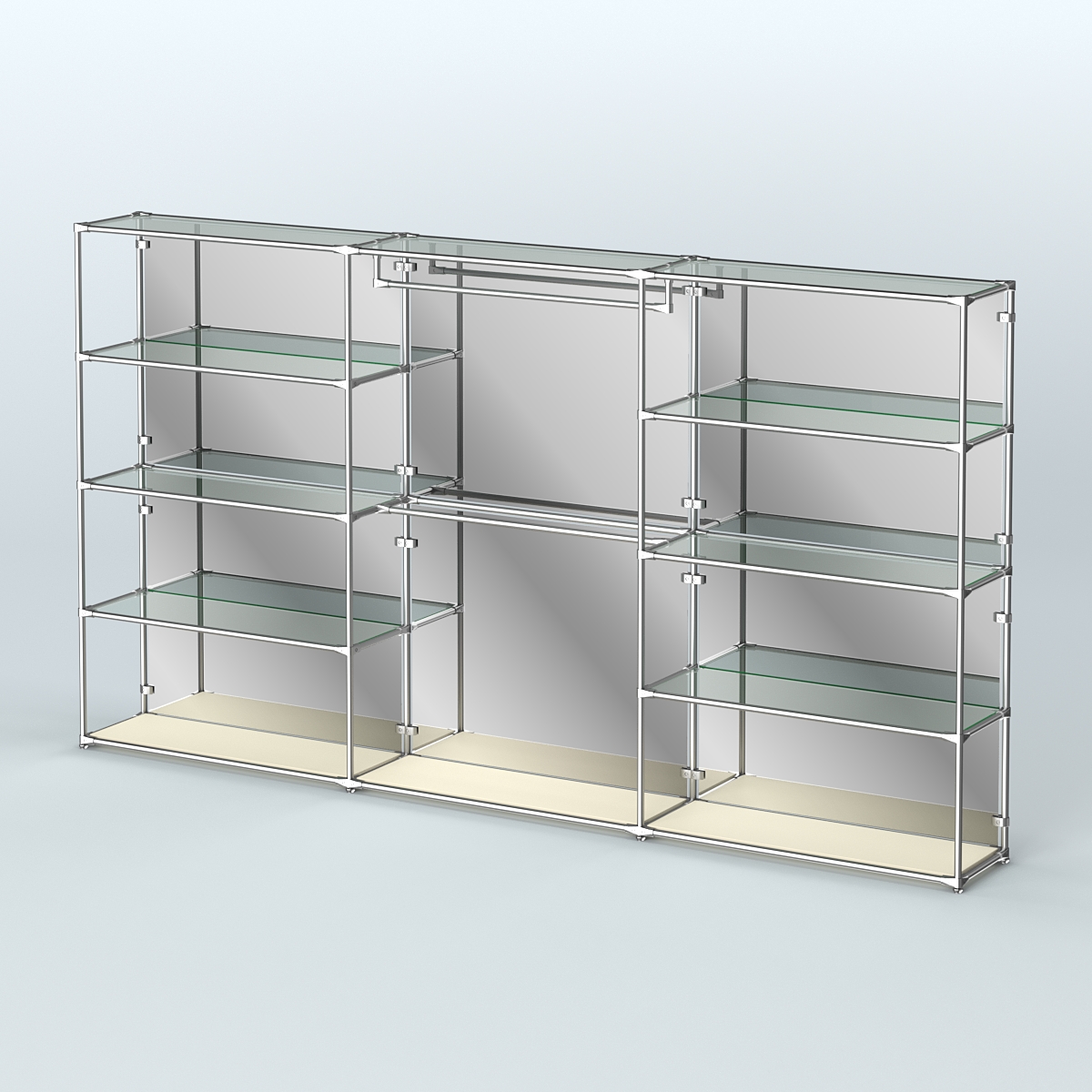 Торговая система ХРОМ (задняя стенка - зеркало) 3600 мм с прозрачными полками и поручнями №1 Крем Вайс