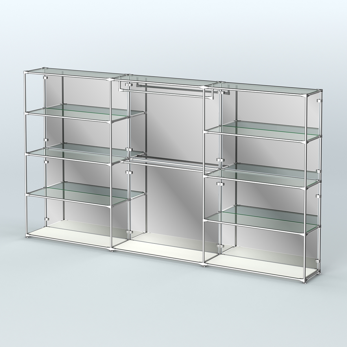 Торговая система ХРОМ (задняя стенка - зеркало) 3600 мм с прозрачными полками и поручнями №1 Белый