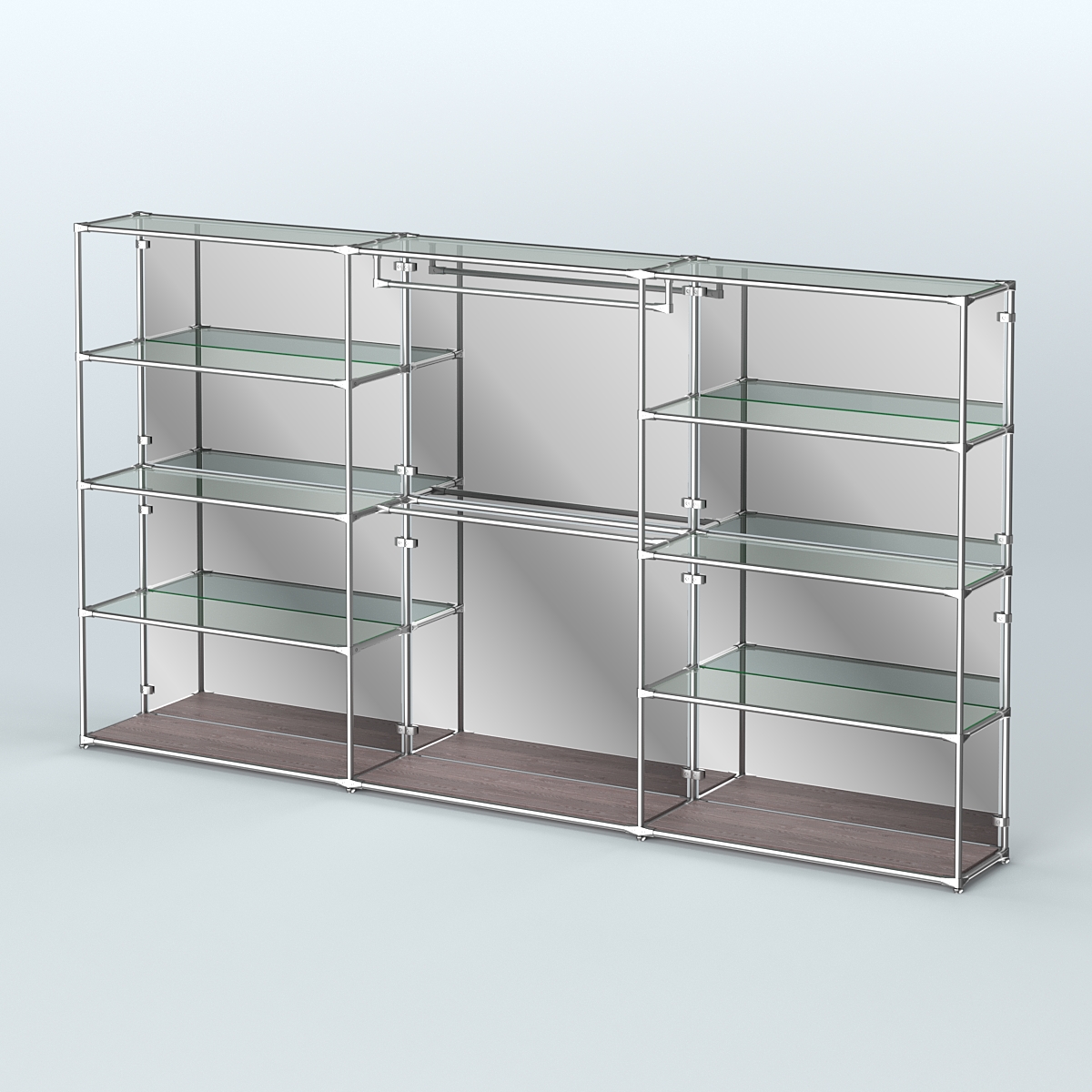 Торговая система ХРОМ (задняя стенка - зеркало) 3600 мм с прозрачными полками и поручнями №1 Ясень Анкор темный