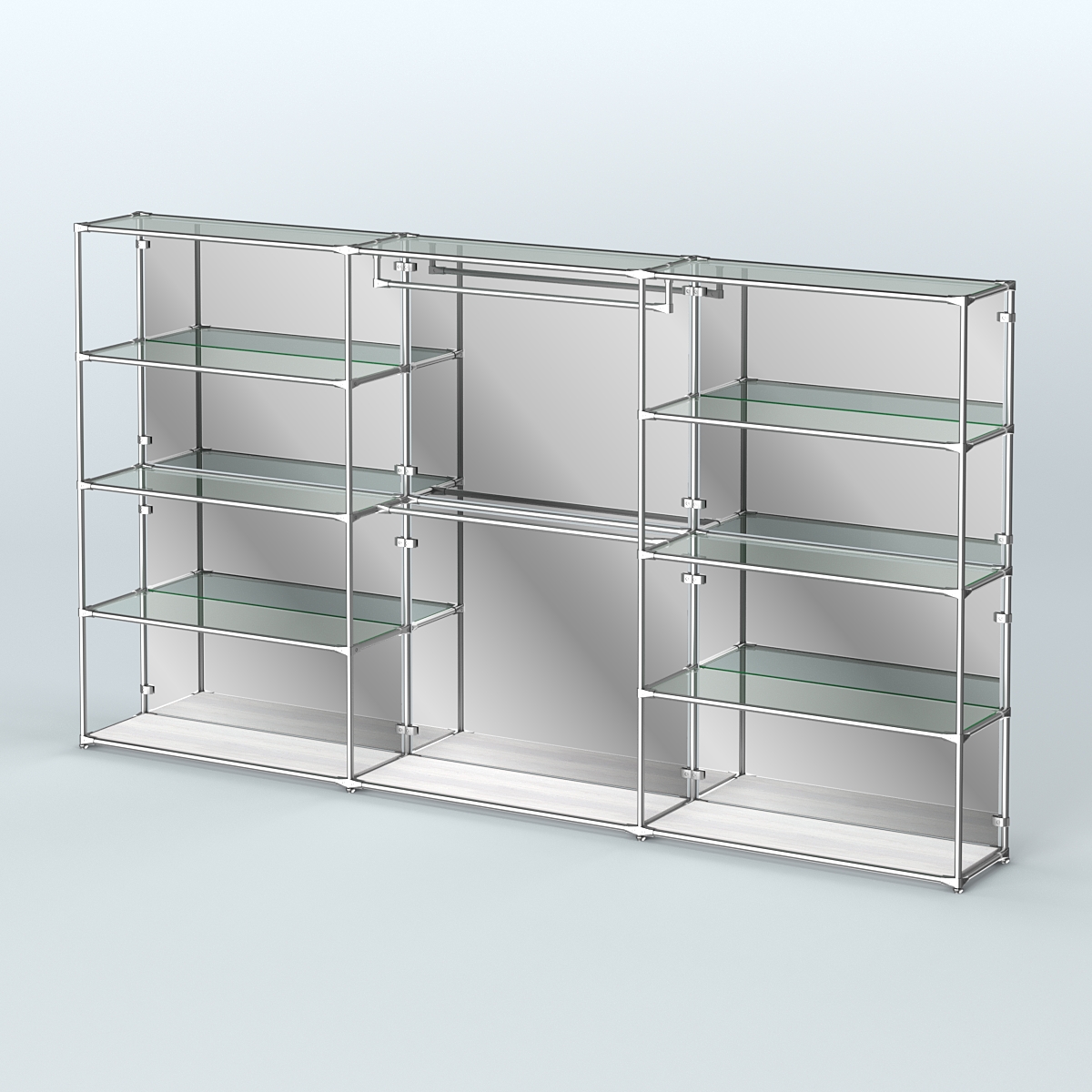 Торговая система ХРОМ (задняя стенка - зеркало) 3600 мм с прозрачными полками и поручнями №1 Ясень Анкор светлый