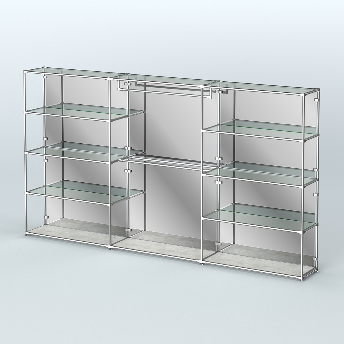 Торговая система ХРОМ (задняя стенка - зеркало) 3600 мм с прозрачными полками и поручнями №1 Метрополитан Грей