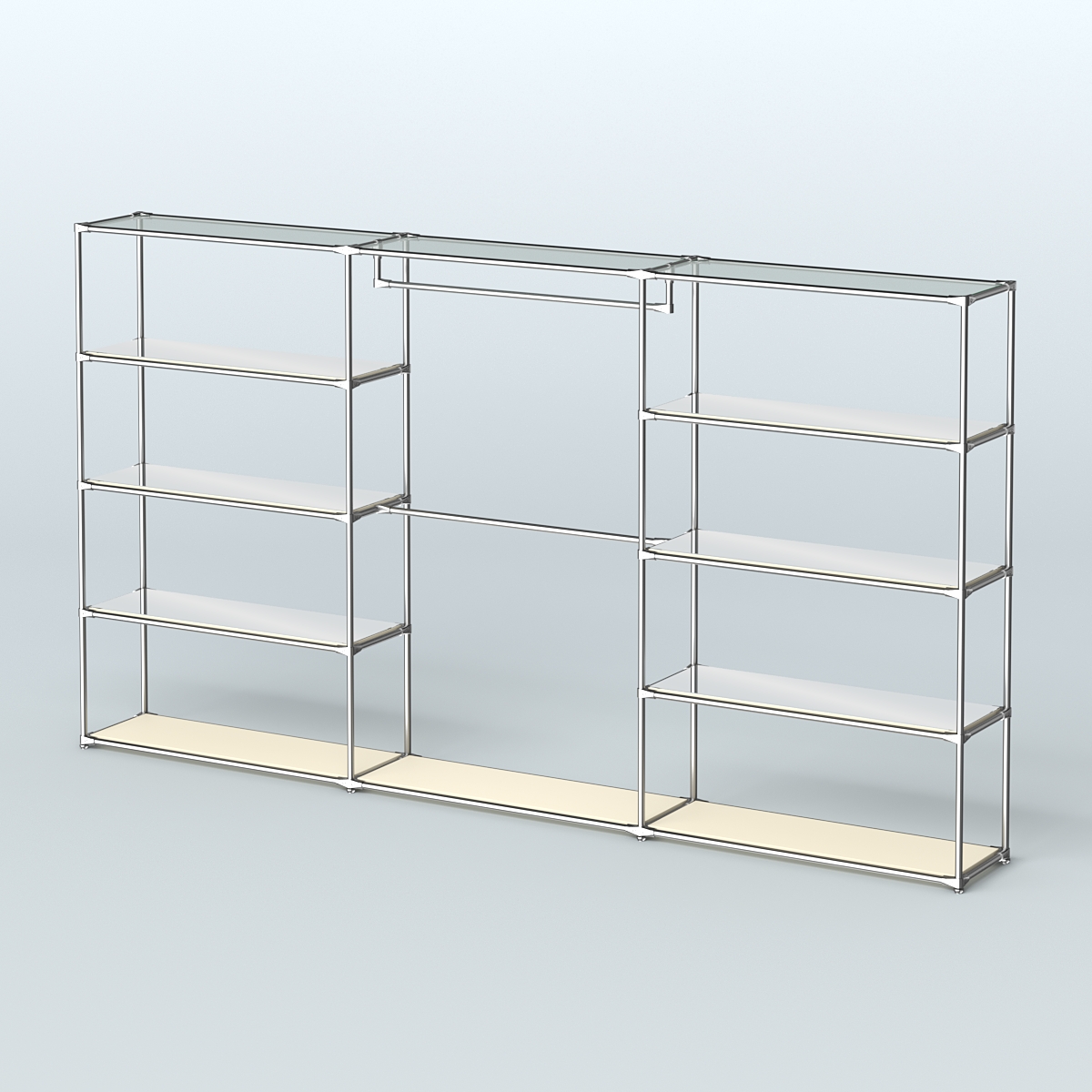 Торговая система ХРОМ без ДСП 3600 мм с зеркальными полками и поручнями №1 Крем Вайс