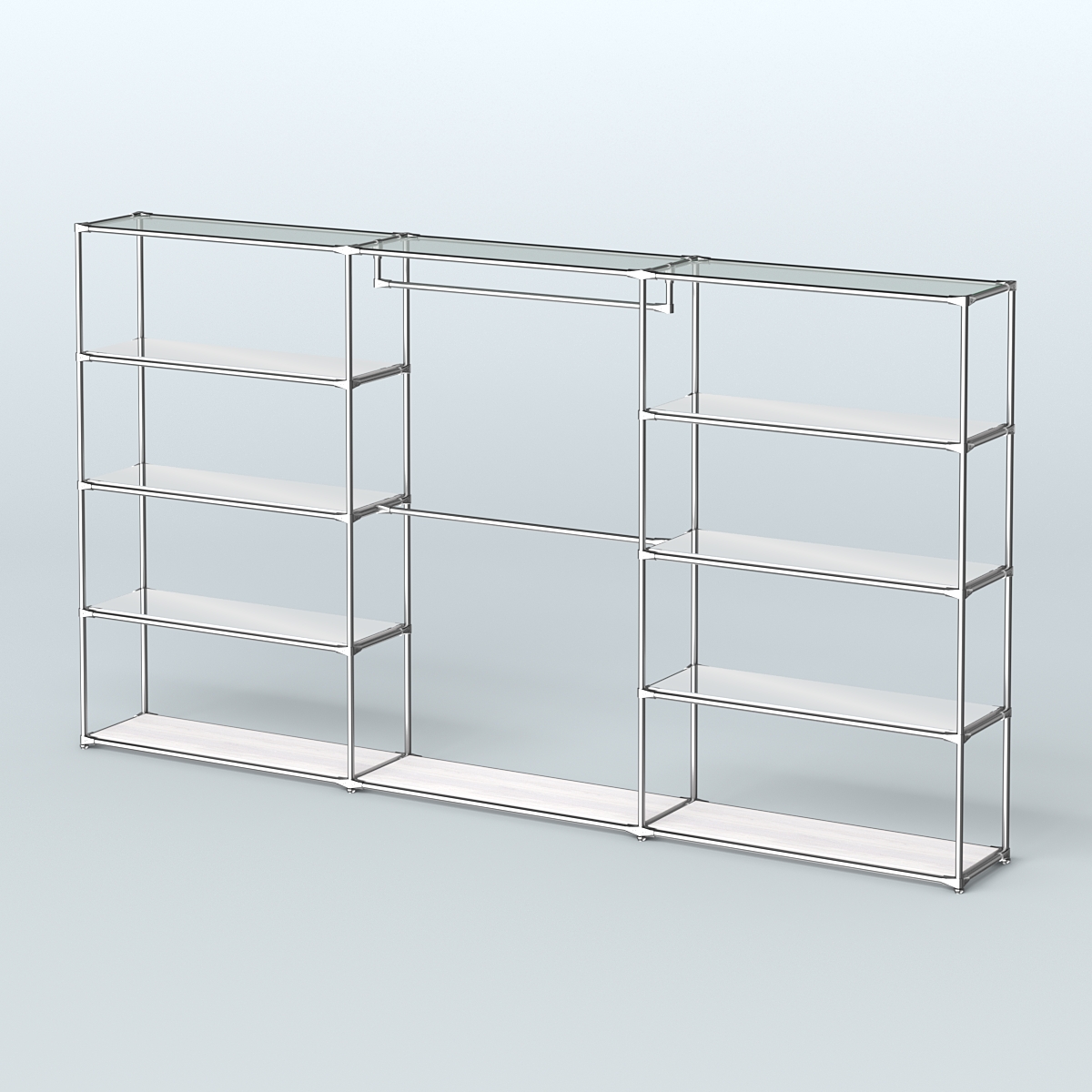 Торговая система ХРОМ без ДСП 3600 мм с зеркальными полками и поручнями №1 Ясень Анкор светлый