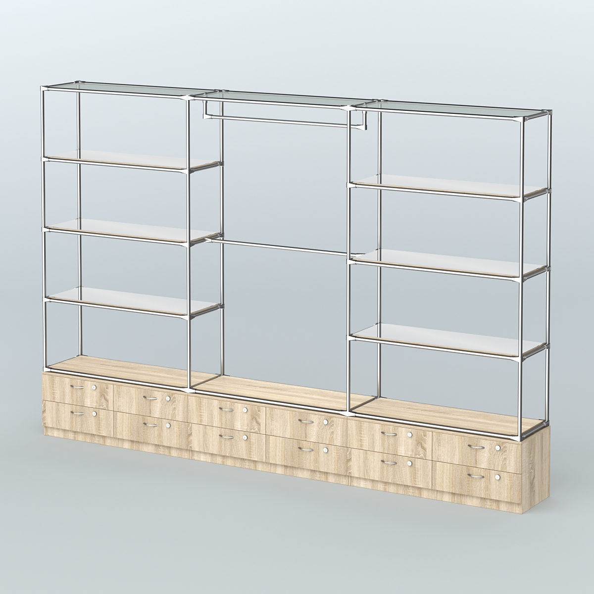 Торговая система ХРОМ без ДСП 3600 мм с тумбами Т14, зеркальными полками и поручнями №1 Дуб Сонома