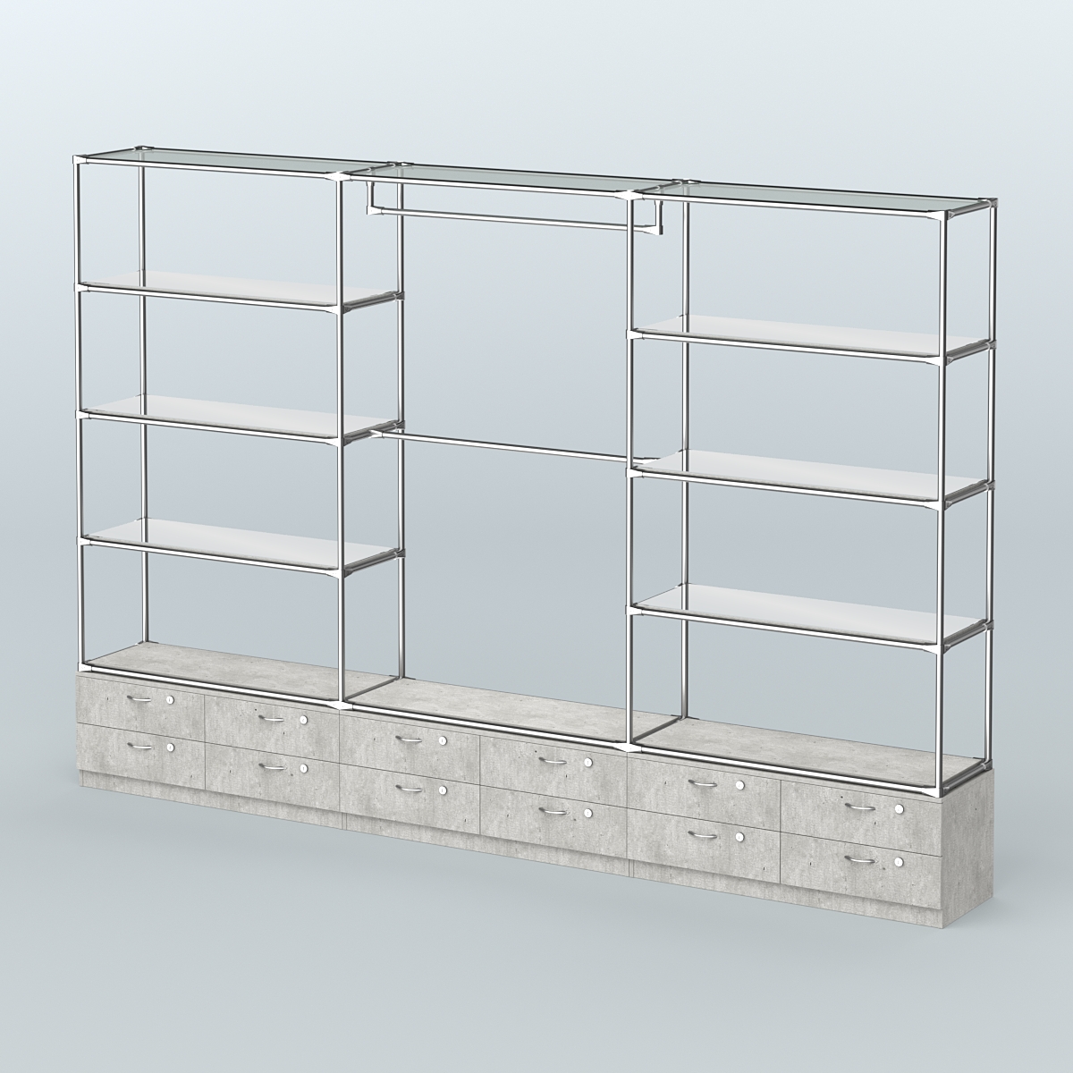 Торговая система ХРОМ без ДСП 3600 мм с тумбами Т14, зеркальными полками и поручнями №1 Метрополитан Грей