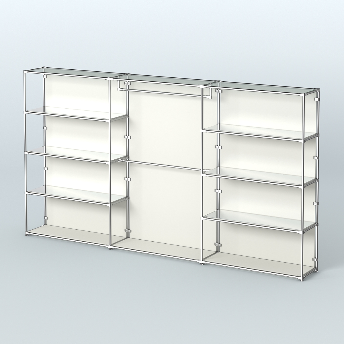 Торговая система ХРОМ (задняя стенка - ДСП) 3600 мм с зеркальными полками и поручнями №1 Белый