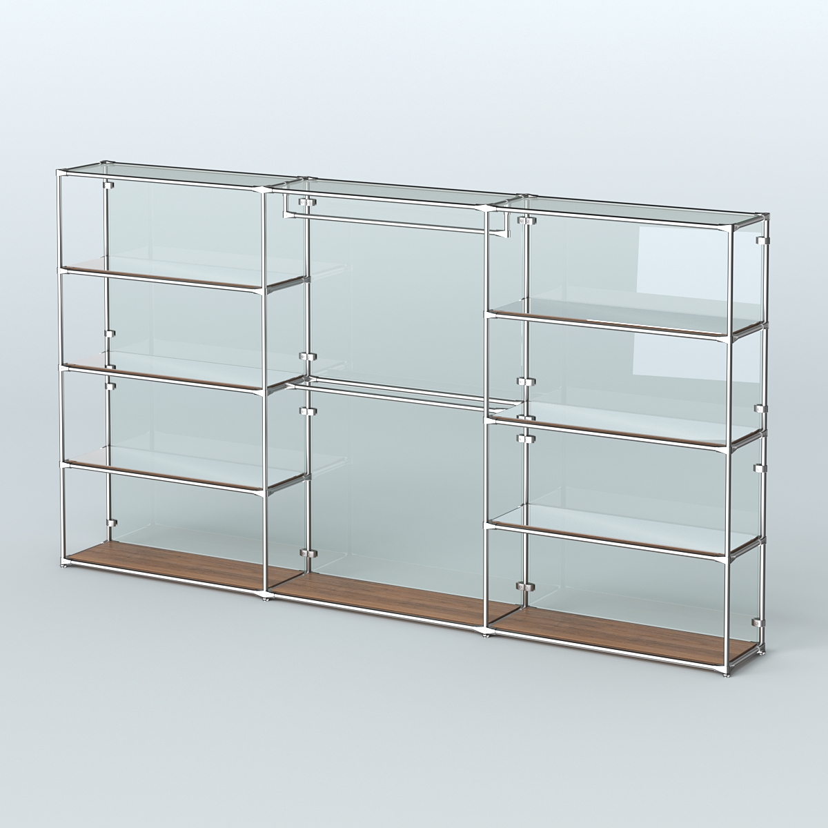 Торговая система ХРОМ (задняя стенка - стекло) 3600 мм с зеркальными полками и поручнями №1 Орех