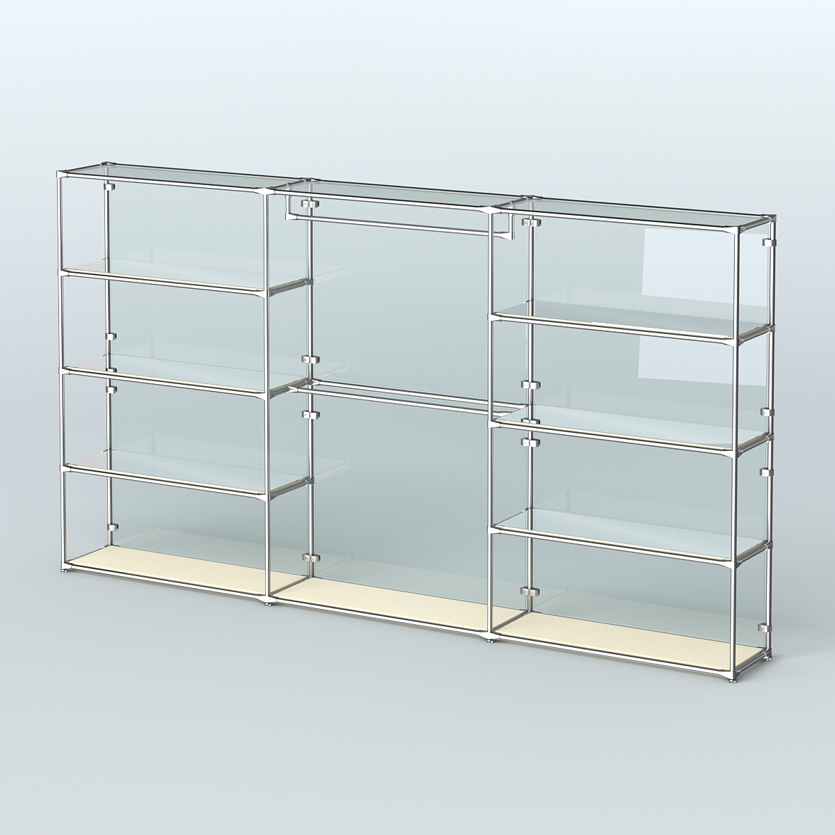 Торговая система ХРОМ (задняя стенка - стекло) 3600 мм с зеркальными полками и поручнями №1 Крем Вайс