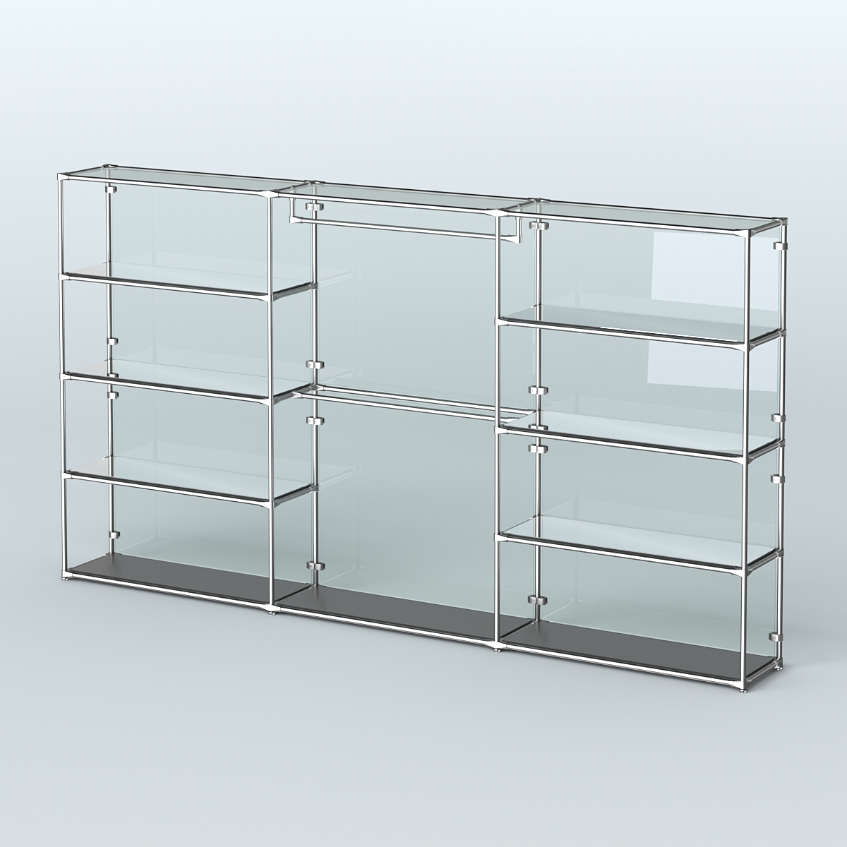 Торговая система ХРОМ (задняя стенка - стекло) 3600 мм с зеркальными полками и поручнями №1 Черный