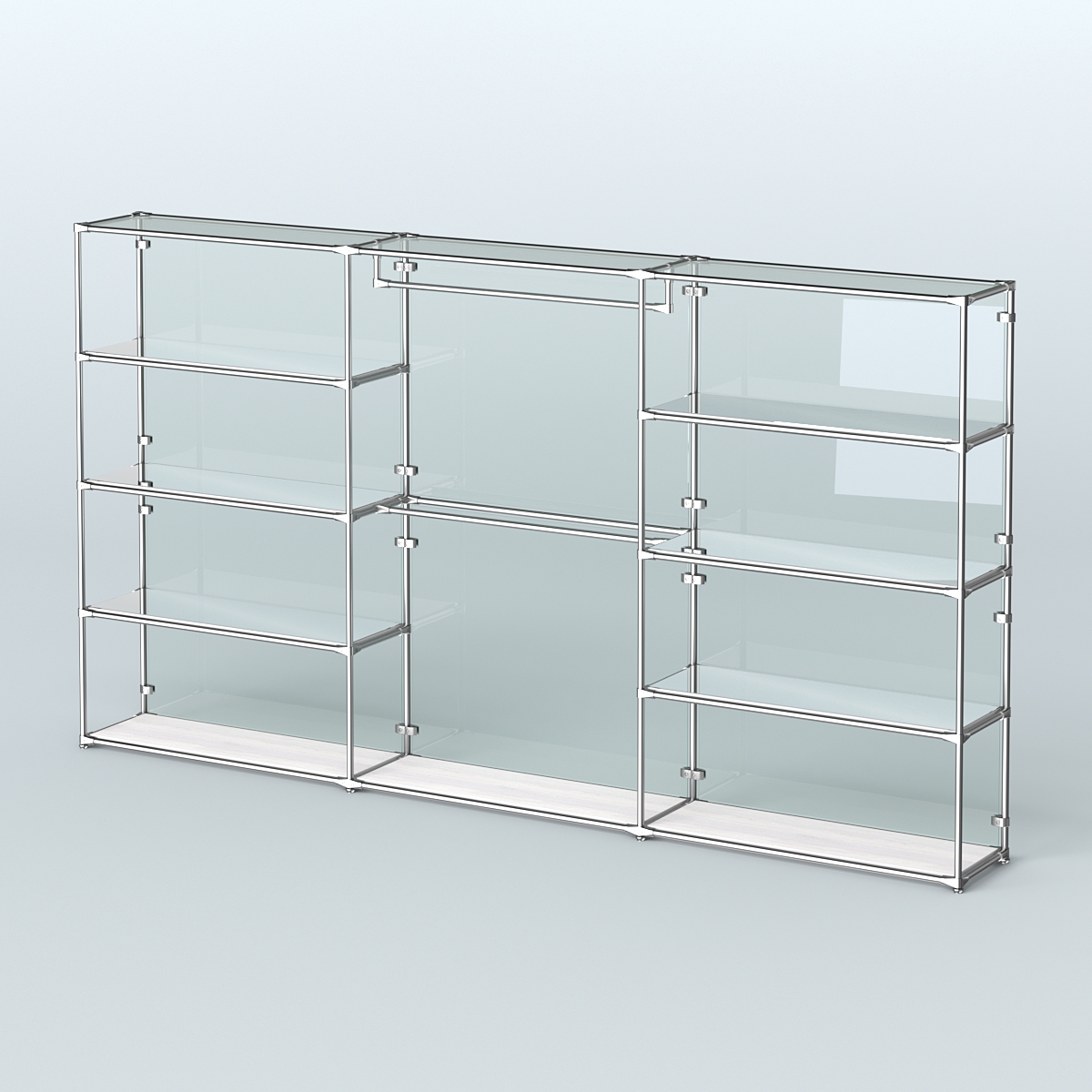 Торговая система ХРОМ (задняя стенка - стекло) 3600 мм с зеркальными полками и поручнями №1 Ясень Анкор светлый