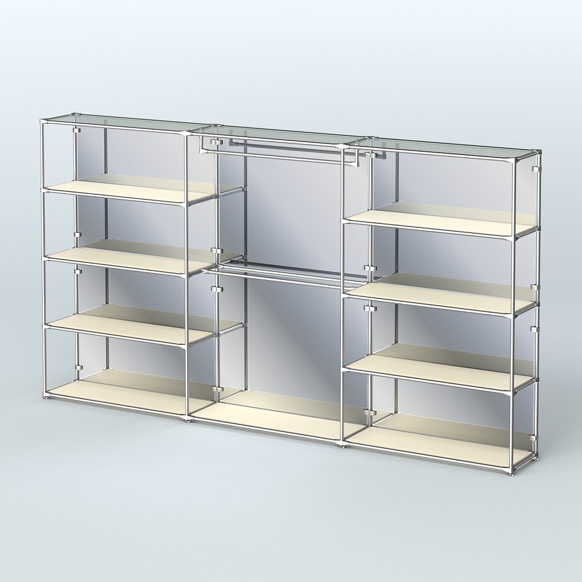 Торговая система ХРОМ (задняя стенка - зеркало) 3600 мм с полками ДСП и поручнями №1 Крем Вайс