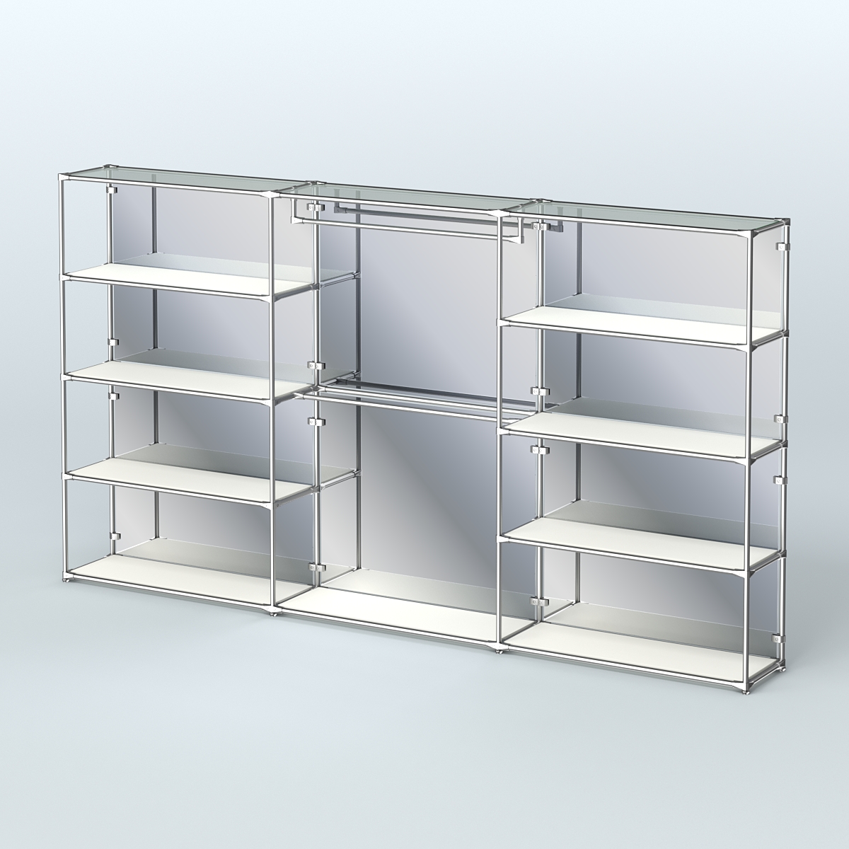 Торговая система ХРОМ (задняя стенка - зеркало) 3600 мм с полками ДСП и поручнями №1 Белый