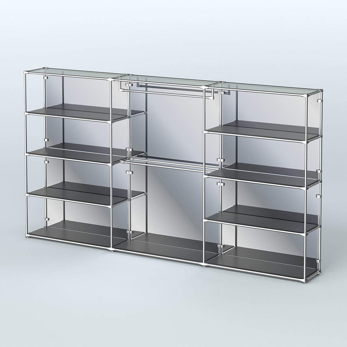 Торговая система ХРОМ (задняя стенка - зеркало) 3600 мм с полками ДСП и поручнями №1 Черный