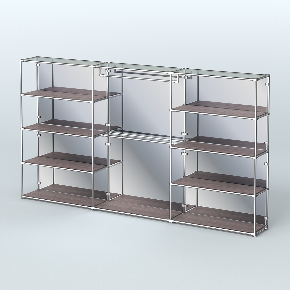 Торговая система ХРОМ (задняя стенка - зеркало) 3600 мм с полками ДСП и поручнями №1 Ясень Анкор темный