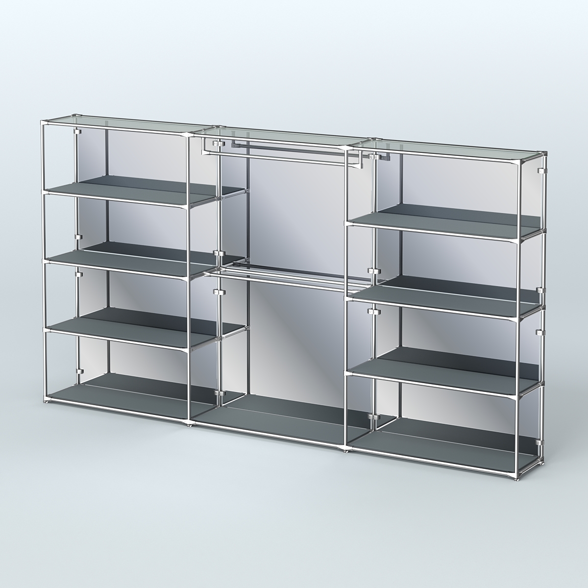 Торговая система ХРОМ (задняя стенка - зеркало) 3600 мм с полками ДСП и поручнями №1 Темно-Серый