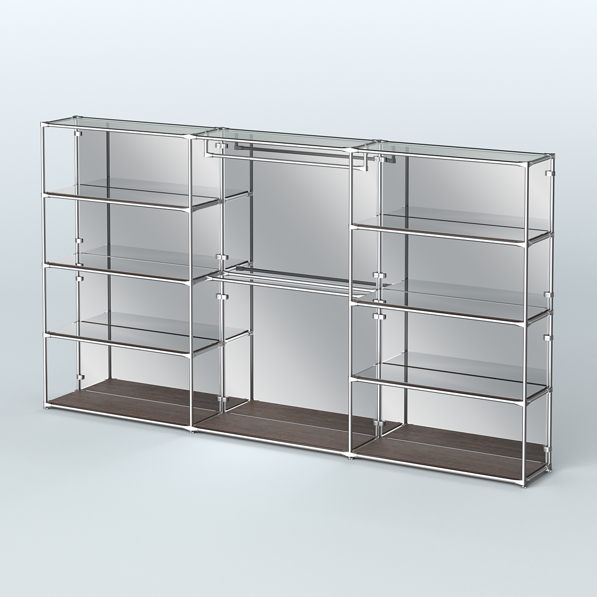 Торговая система ХРОМ (задняя стенка - зеркало) 3600 мм с зеркальными полками и поручнями №1 Дуб Венге