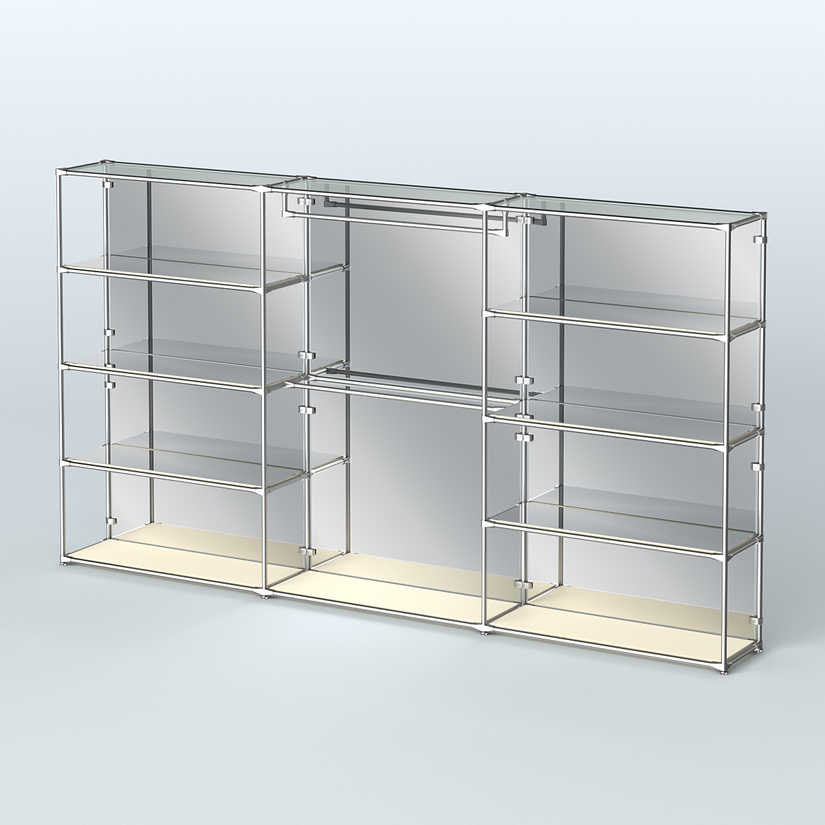 Торговая система ХРОМ (задняя стенка - зеркало) 3600 мм с зеркальными полками и поручнями №1 Крем Вайс