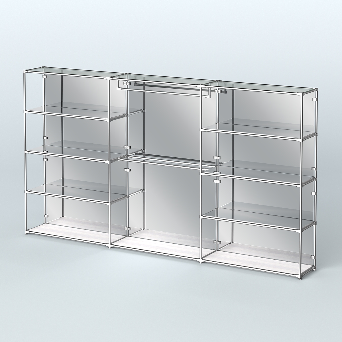 Торговая система ХРОМ (задняя стенка - зеркало) 3600 мм с зеркальными полками и поручнями №1 Ясень Анкор светлый