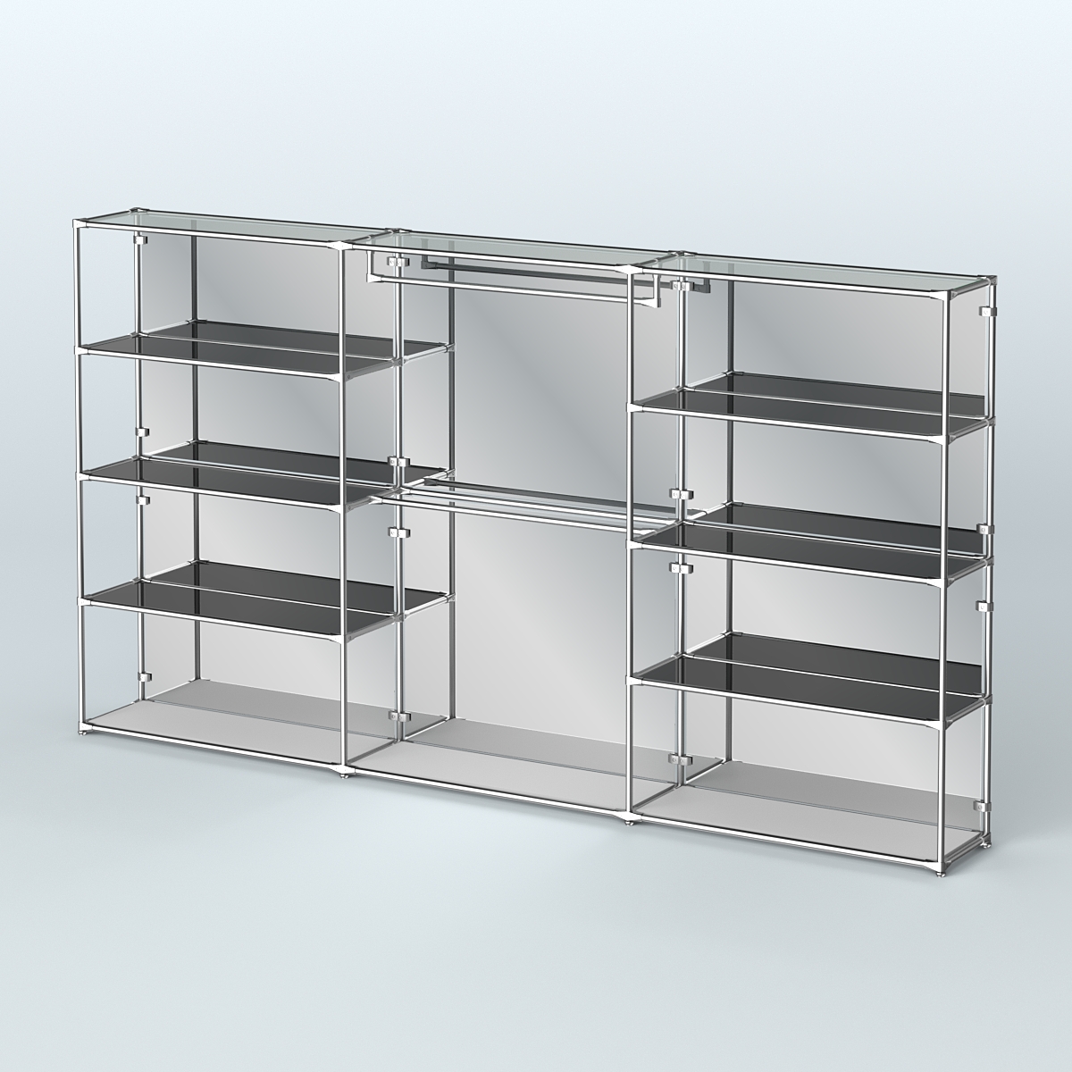 Торговая система ХРОМ (задняя стенка - зеркало) 3600 мм с тонированными полками и поручнями №1 Серый