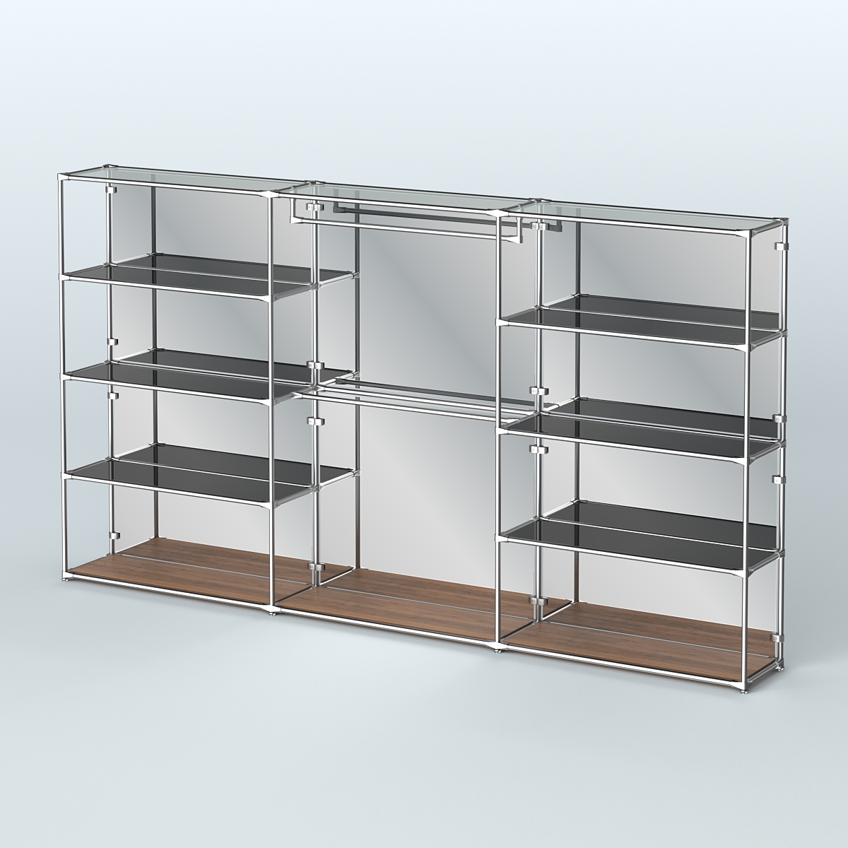 Торговая система ХРОМ (задняя стенка - зеркало) 3600 мм с тонированными полками и поручнями №1 Орех