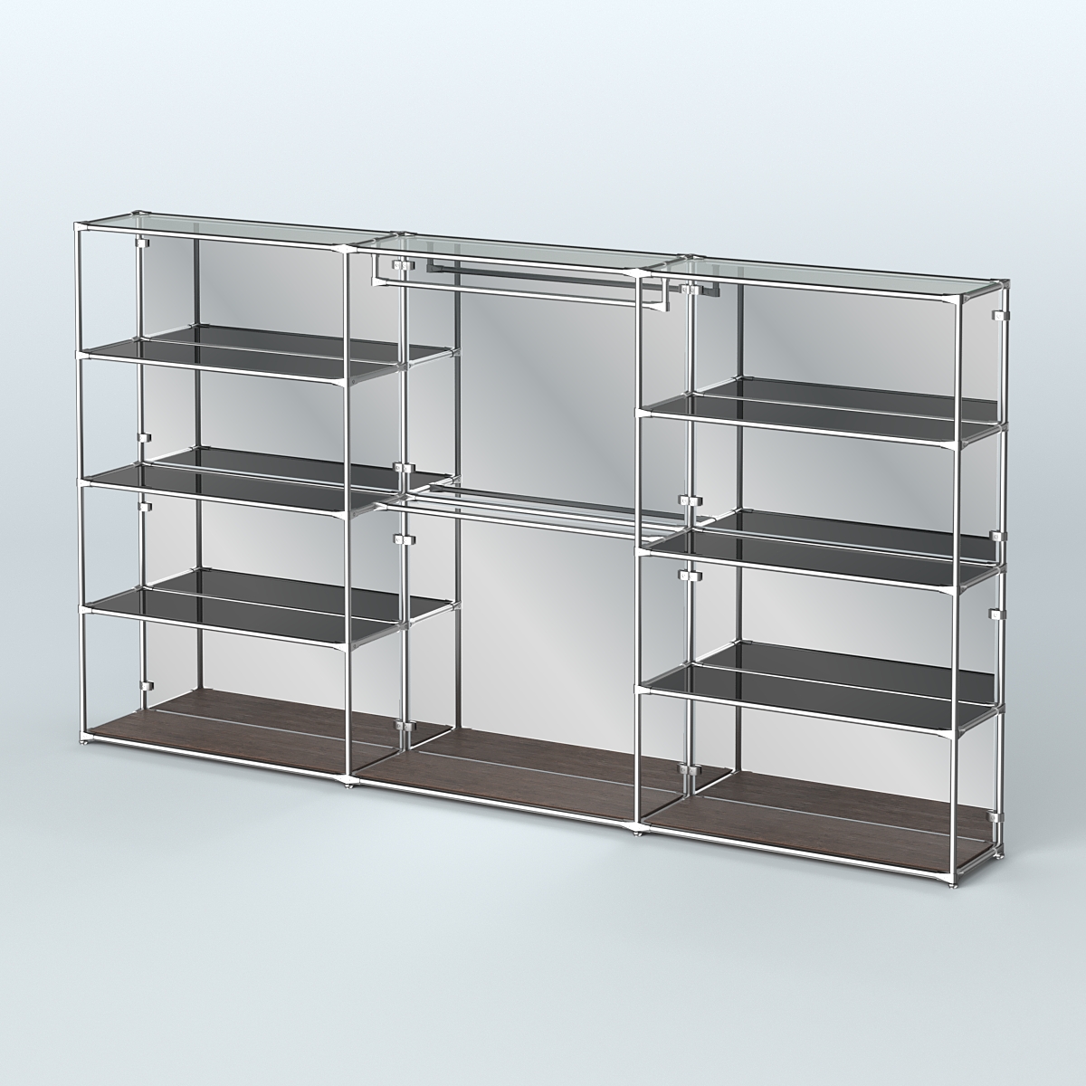 Торговая система ХРОМ (задняя стенка - зеркало) 3600 мм с тонированными полками и поручнями №1 Дуб Венге