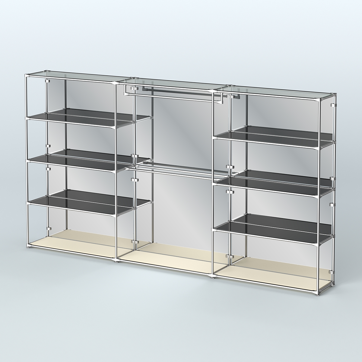 Торговая система ХРОМ (задняя стенка - зеркало) 3600 мм с тонированными полками и поручнями №1 Крем Вайс