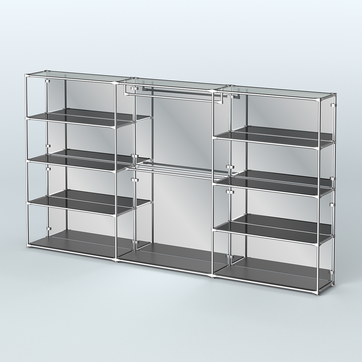 Торговая система ХРОМ (задняя стенка - зеркало) 3600 мм с тонированными полками и поручнями №1 Черный