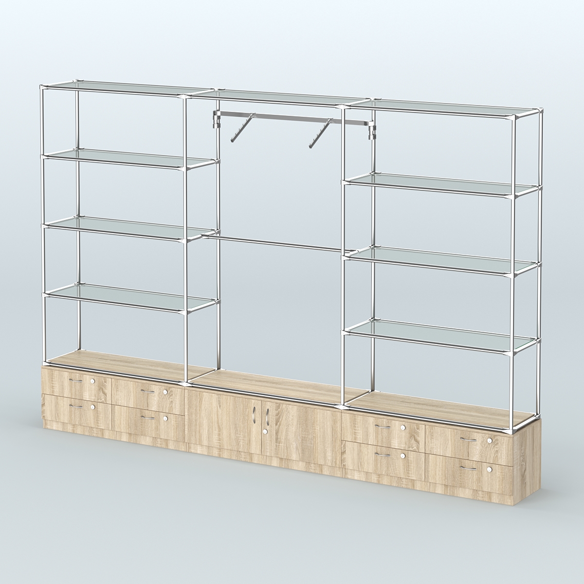 Торговая система ХРОМ без ДСП 3600 мм с тумбами Т14, Т21, прозрачными полками и поручнями №5 Дуб Сонома