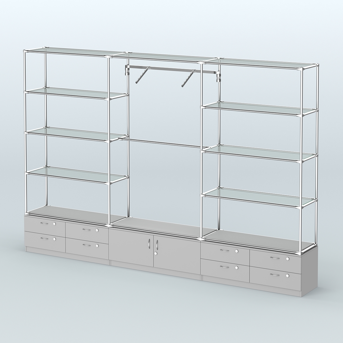 Торговая система ХРОМ без ДСП 3600 мм с тумбами Т14, Т21, прозрачными полками и поручнями №5 Серый