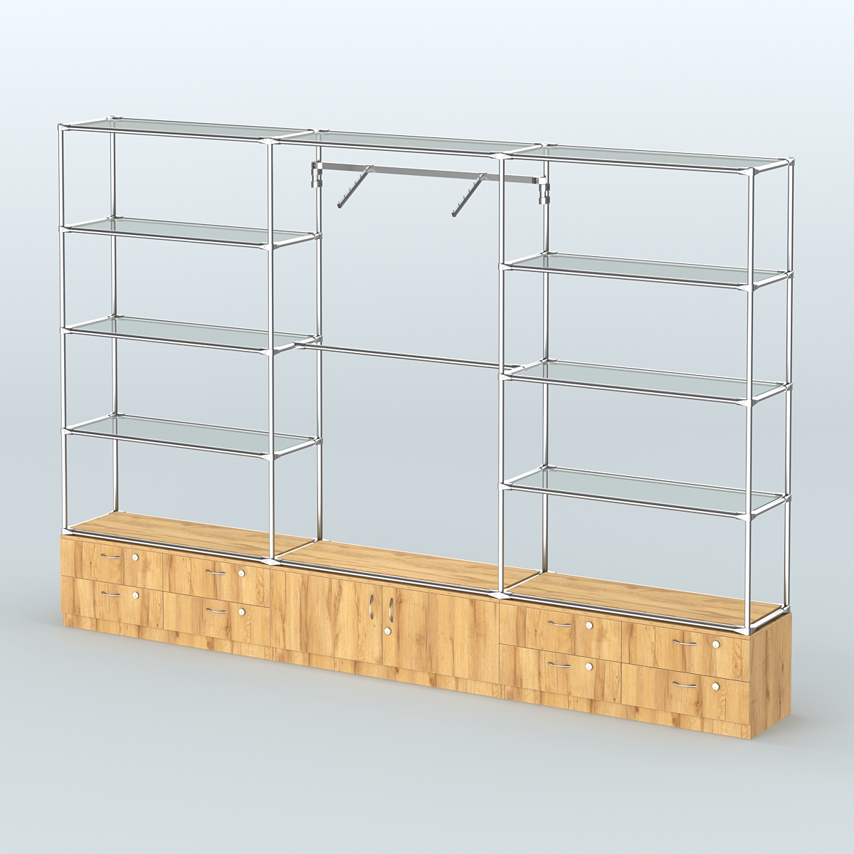 Торговая система ХРОМ без ДСП 3600 мм с тумбами Т14, Т21, прозрачными полками и поручнями №5 Дуб Золотистый